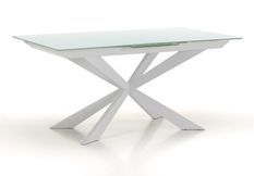 Table extensible 6 à 10 personnes L 160 à 200 cm verre laqué blanc et pieds métal blanc Okebi