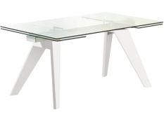 Table extensible 6 à 10 places L 160 à 240 cm verre et pieds frêne laqué blanc Mouta