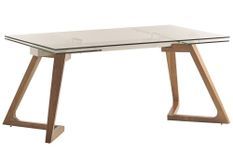 Table extensible 6 à 10 places L 160 à 240 cm verre et pieds frêne massif clair Greta