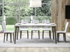 Table extensible 6 à 12 personnes blanc effet marbre et pieds métal anthracite L 160 à 264 cm Konta