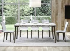 Table extensible 6 à 14 personnes blanc effet marbre et pieds métal anthracite L 180 à 284 cm Konta