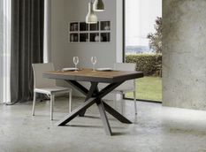 Table extensible 6 à 16 places bois marron cadre métallique et pieds entrelacés anthracite L 120 à 380 cm Klass