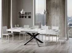 Table extensible 6 à 18 personnes blanche effet marbre et pieds entrelacés anthracite L 160 à 420 cm Artemis