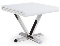 Table extensible carrée laqué blanc et pieds métal chromé 4 à 6 places L 90/180 cm Akavi