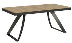 Table extensible design 8 à 20 personnes bois chêne naturel et pieds métal incurvés anthracite L 180 à 440 cm Italika