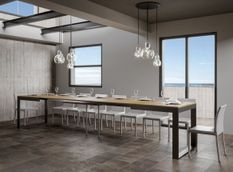 Table moderne extensible 6 à 20 places L 180 à 440 cm bois clair avec cadre et pieds en métal anthracite Likro