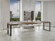 Table moderne extensible 8 à 20 places L 180 à 440 cm bois foncé avec cadre et pieds en métal anthracite Likro