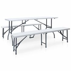 Table pliable de jardin avec 2 bancs 180 cm Acier et PEHD Blanc