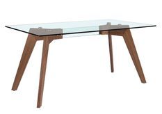 Table rectangulaire Broka 160 cm - Plateau en verre trempé et pieds en noyer