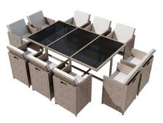 Table rectangulaire et 10 chaises de jardin résine tressée beige Iris