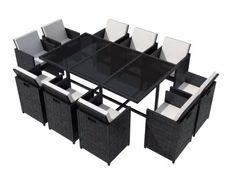 Table rectangulaire et 10 chaises de jardin résine tressée noir Iris 2