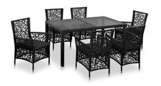 Table rectangulaire et 6 chaises de jardin résine tressée noir coussins gris Kaila
