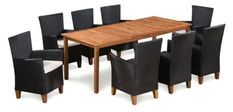 Table rectangulaire et 8 chaises de jardin acacia clair et résine tressée Cassia