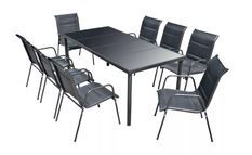 Table rectangulaire et 8 chaises de jardin métal et tissu noir Mahe