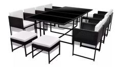 Table rectangulaire et 8 chaises de jardin résine tressée noir et coussins blanc Malm