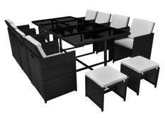 Table rectangulaire et 8 chaises de jardin résine tressée noir Iris 2