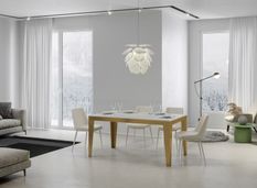 Table rectangulaire extensible 6 à 10 personnes L 120 à 224 cm blanc brillant et cadre métal doré Faye