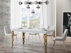 Table rectangulaire extensible orientale 6 à 10 personnes L 130 à 234 cm frêne blanc et pieds métal doré Kazay