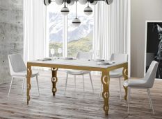 Table rectangulaire extensible 6 à 16 personnes L 120 à 380 cm frêne blanc et cadre métal doré Kazay