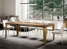 Table rectangulaire extensible 6 à 20 personnes L 160 à 420 cm bois clair et pieds métal doré Faye