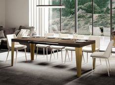 Table rectangulaire extensible 6 à 20 personnes L 160 à 420 cm bois foncé et pieds métal doré Faye
