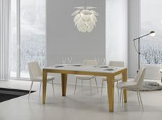 Table rectangulaire extensible 6 à 20 personnes L 160 à 420 cm frêne blanc et cadre métal doré Faye