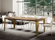 Table rectangulaire extensible 6 à 20 personnes L 180 à 440 cm bois clair et pieds métal doré Faye