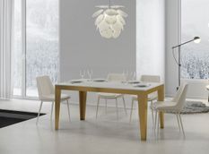 Table rectangulaire extensible 6 à 20 personnes L 180 à 440 cm frêne blanc et cadre métal doré Faye