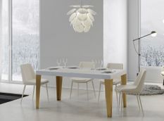 Table rectangulaire extensible 6 à 20 personnes L 180 à 440 cm frêne blanc et pieds métal doré Faye