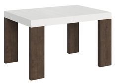 Table rectangulaire extensible blanche et pieds bois noyer 4 à 10 personnes L 130 à 234 cm Ribo