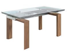 Table rectangulaire extensible Lokaz - Plateau verre trempé et pieds noyer