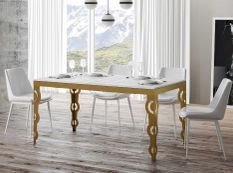 Table rectangulaire extensible orientale 6 à 10 personnes L 120 à 224 cm frêne blanc et cadre métal doré Kazay
