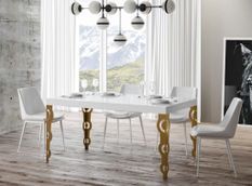 Table rectangulaire extensible orientale 6 à 10 personnes L 130 à 234 cm blanc brillant et pieds métal doré Kazay