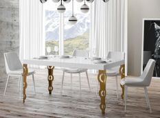 Table rectangulaire extensible orientale 6 à 10 personnes L 160 à 264 cm blanc brillant et métal doré Kazay