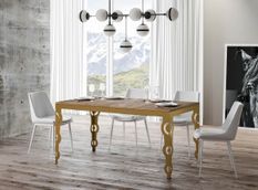 Table rectangulaire extensible orientale 6 à 16 personnes L 120 à 380 cm bois clair et cadre métal doré Kazay