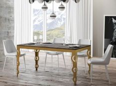Table rectangulaire extensible orientale 6 à 16 personnes L 120 à 380 cm bois foncé et cadre métal doré Kazay