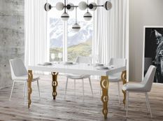 Table rectangulaire extensible orientale 6 à 18 personnes L 130 à 390 cm blanc brillant et pieds métal doré Kazay