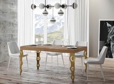 Table rectangulaire extensible orientale 6 à 18 personnes L 130 à 390 cm bois clair et pieds métal doré Kazay