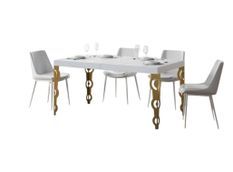 Table rectangulaire extensible orientale 6 à 18 personnes L 130 à 390 cm frêne blanc et pieds métal doré Kazay