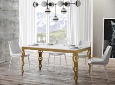 Table rectangulaire extensible orientale 6 à 20 personnes L 160 à 420 cm blanc brillant et cadre métal doré Kazay