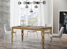 Table rectangulaire extensible orientale 6 à 20 personnes L 160 à 420 cm bois clair et cadre métal doré Kazay