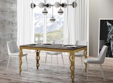 Table rectangulaire extensible orientale 6 à 20 personnes L 160 à 420 cm bois foncé et cadre métal doré Kazay