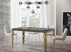 Table rectangulaire extensible orientale 6 à 20 personnes L 160 à 420 cm bois foncé et pieds métal doré Kazay