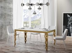 Table rectangulaire extensible orientale 6 à 20 personnes L 160 à 420 cm frêne blanc et cadre métal doré Kazay