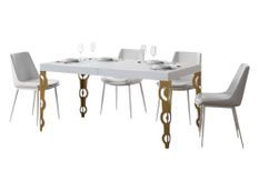 Table rectangulaire extensible orientale 6 à 20 personnes L 160 à 420 cm frêne blanc et pieds métal doré Kazay