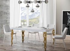 Table rectangulaire extensible orientale 6 à 20 personnes L 160 à 420 cm frêne blanc et pieds métal doré Kazay