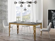 Table rectangulaire extensible orientale 6 à 20 personnes L 160 à 420 cm gris béton et cadre métal doré Kazay
