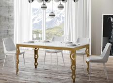 Table rectangulaire extensible orientale 6 à 20 personnes L 180 à 440 cm blanc brillant et cadre métal doré Kazay