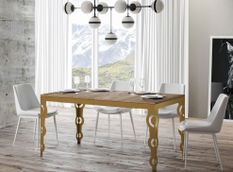 Table rectangulaire extensible orientale 6 à 20 personnes L 180 à 440 cm bois clair et cadre métal doré Kazay
