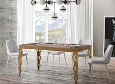 Table rectangulaire extensible orientale 6 à 20 personnes L 180 à 440 cm bois clair et pieds métal doré Kazay